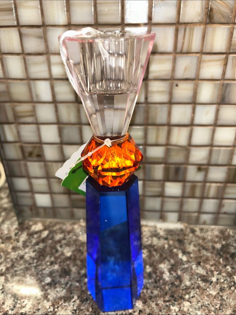 Ashland Blue, Orange and Clear Faceted Glass Candle Holder